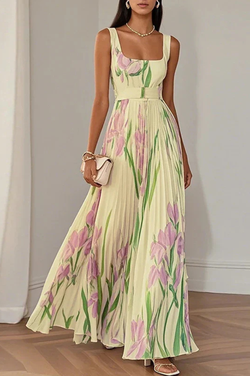 Women's Multicoloured Square Neck Pleated Maxi Dress