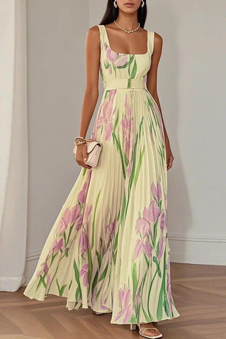 Women's Multicoloured Square Neck Pleated Maxi Dress