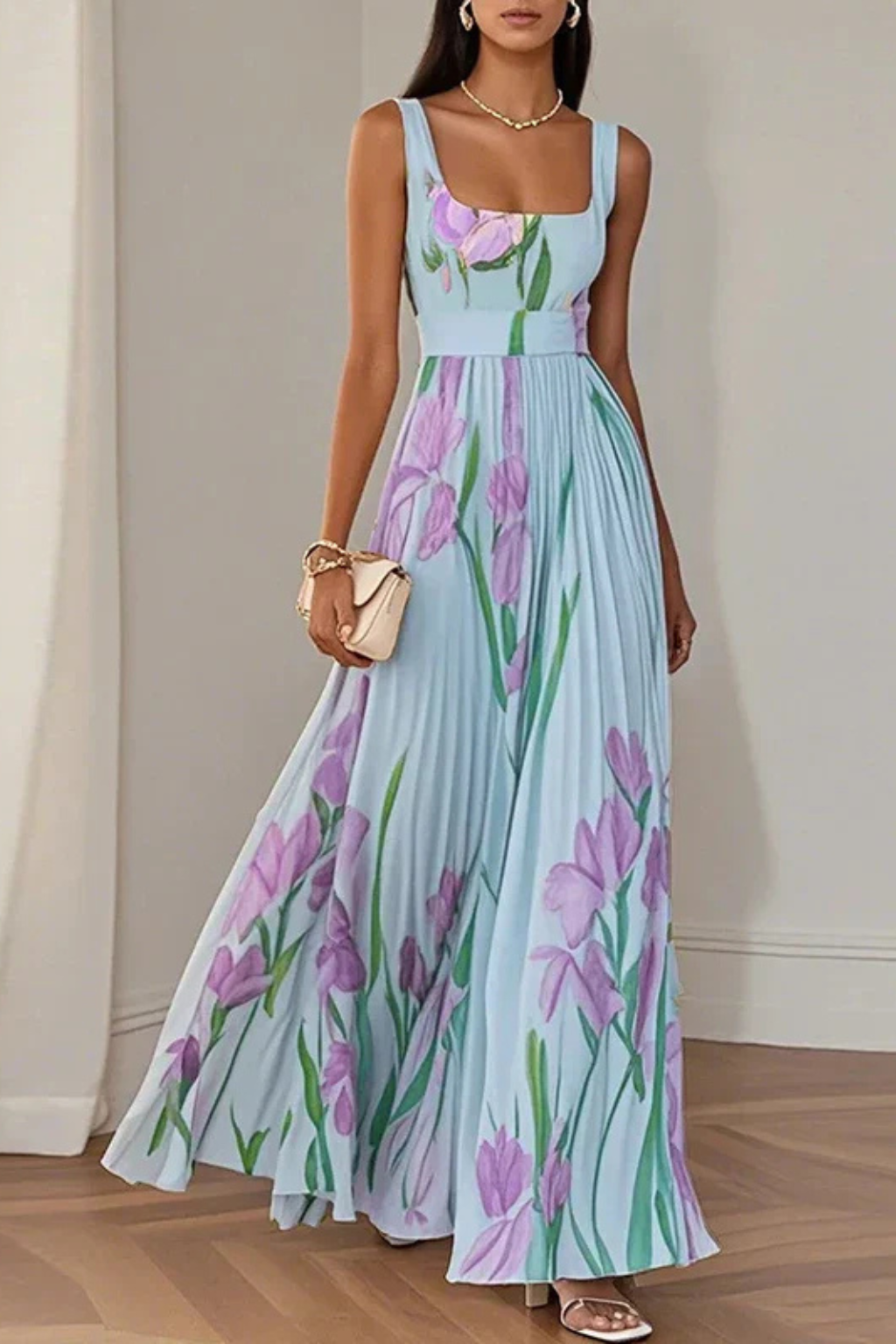 Women's Multicoloured Square Neck Pleated Maxi Dress