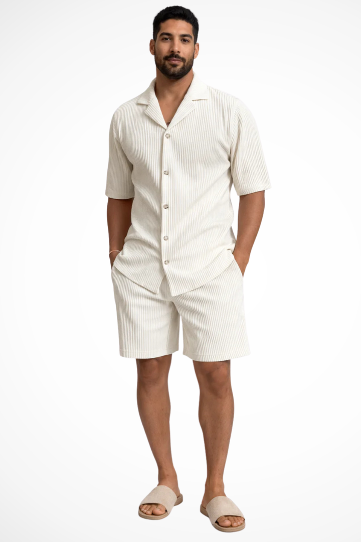Textured Men’s Short Sleeve Shirt and Shorts Summer Outfit Set