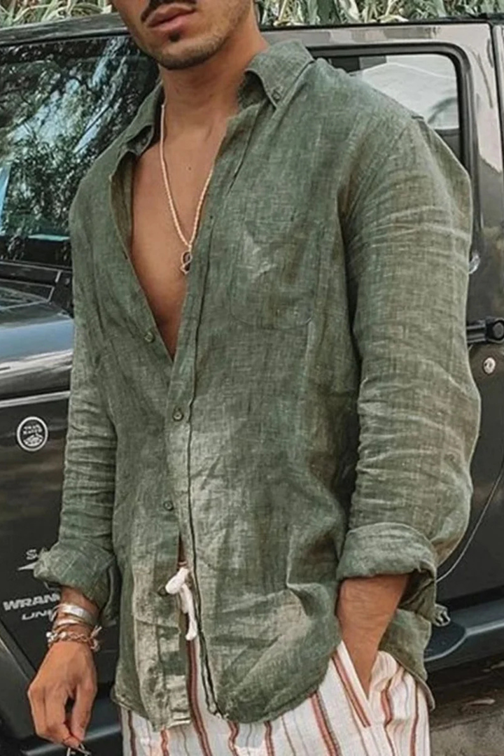Relaxed Fit Men’s Long Sleeve Linen Button-Down Shirt