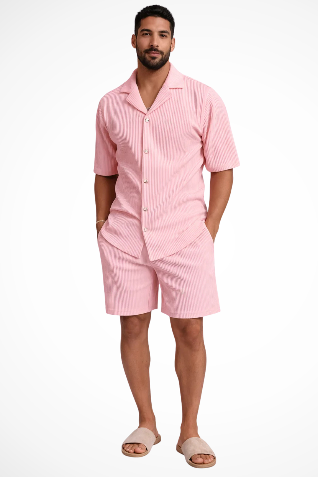 Textured Men’s Short Sleeve Shirt and Shorts Summer Outfit Set