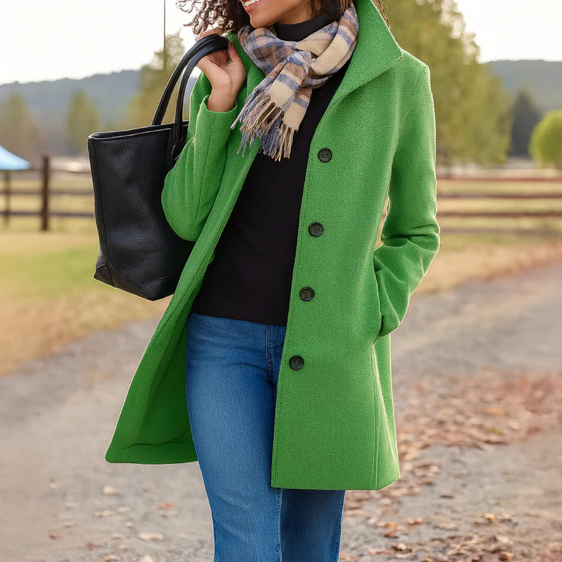 Women's Longline Wool Coat with Tailored Collar – Green