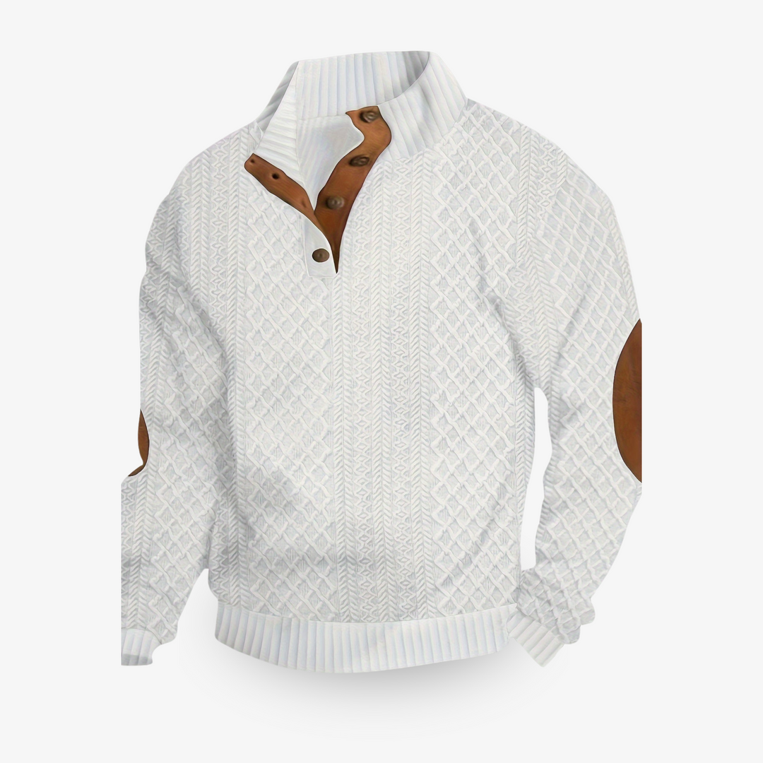 Beige cable knit sweater with leather elbow patches