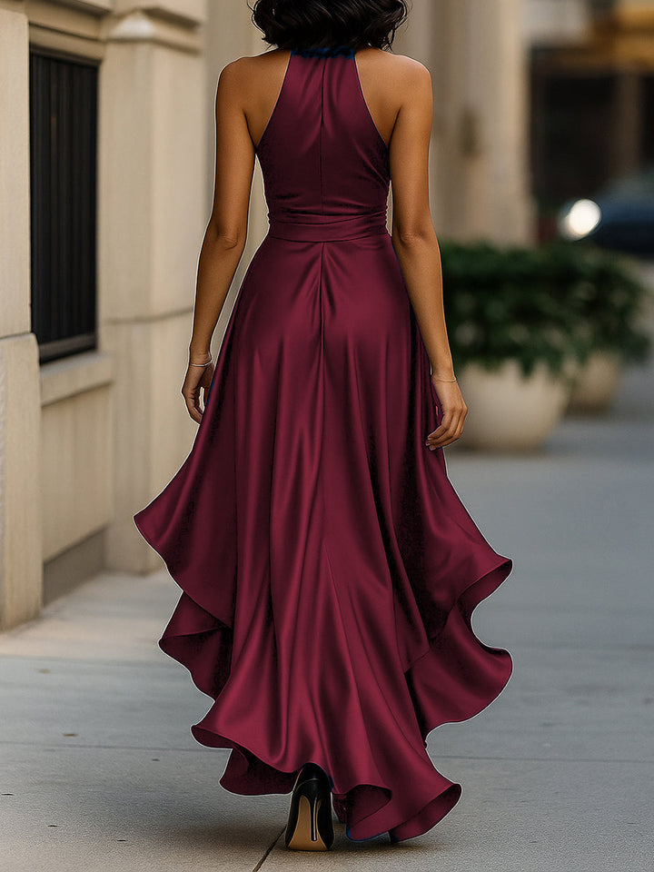Women's Satin Halter Neck Ruffle Gown with High-Low Hem