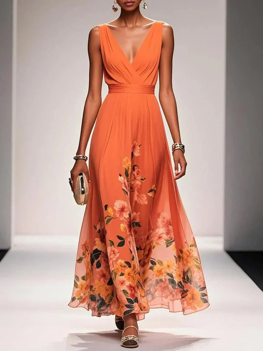 Elegant Floral Women’s Maxi Dress with Pleated Bodice