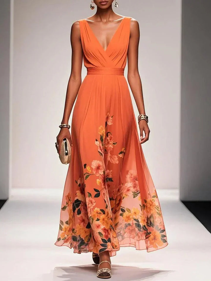 Elegant Floral Women’s Maxi Dress with Pleated Bodice