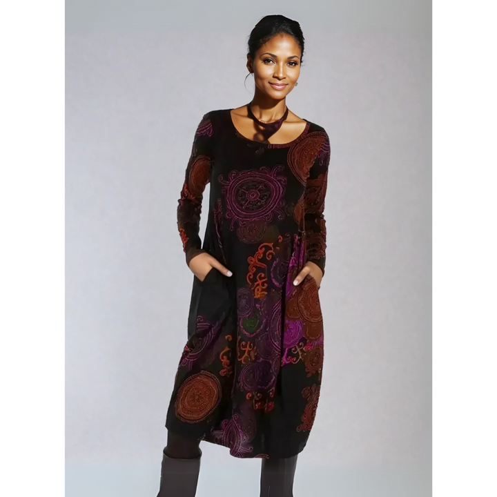 Long Sleeve Bohemian Midi Dress Unique Print