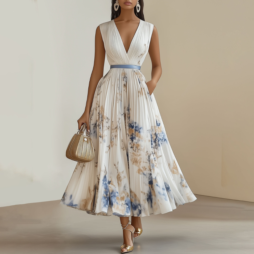 Floral Pleated V-Neck Wedding Guest Maxi Dress