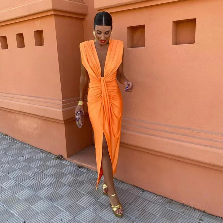Women's Deep V-Neck Draped Midi Dress with Structured Shoulder