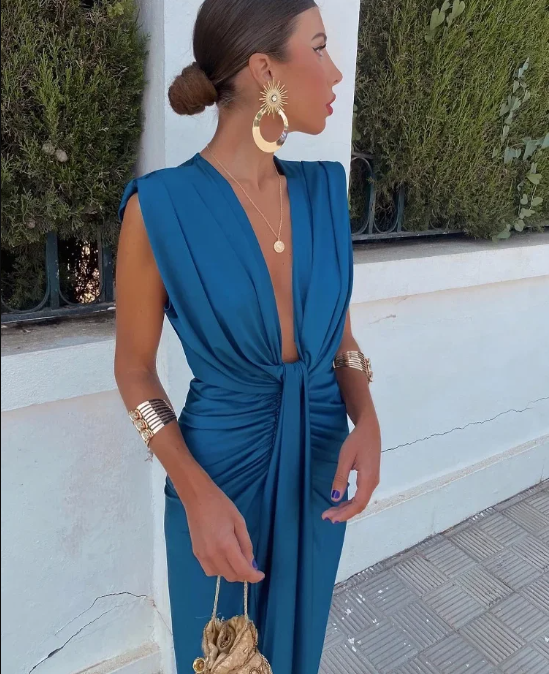 Women's Deep V-Neck Draped Midi Dress with Structured Shoulder