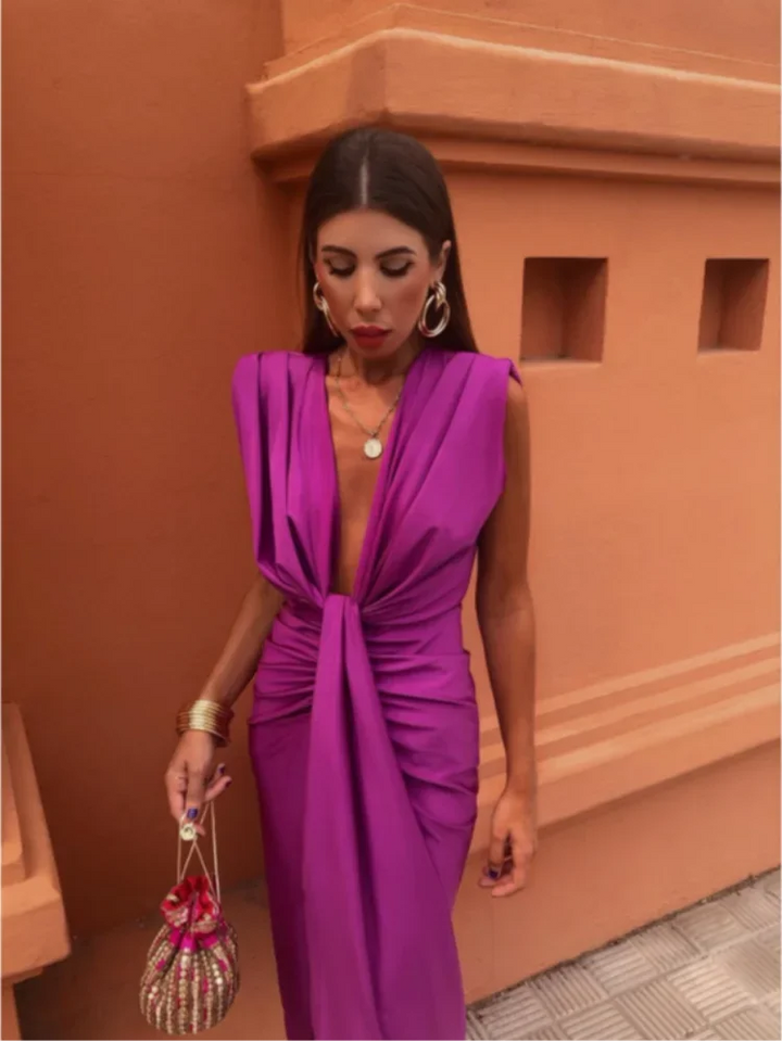 Women's Deep V-Neck Draped Midi Dress with Structured Shoulder