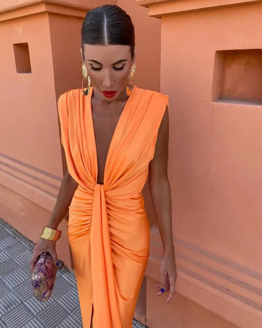 Women's Deep V-Neck Draped Midi Dress with Structured Shoulder