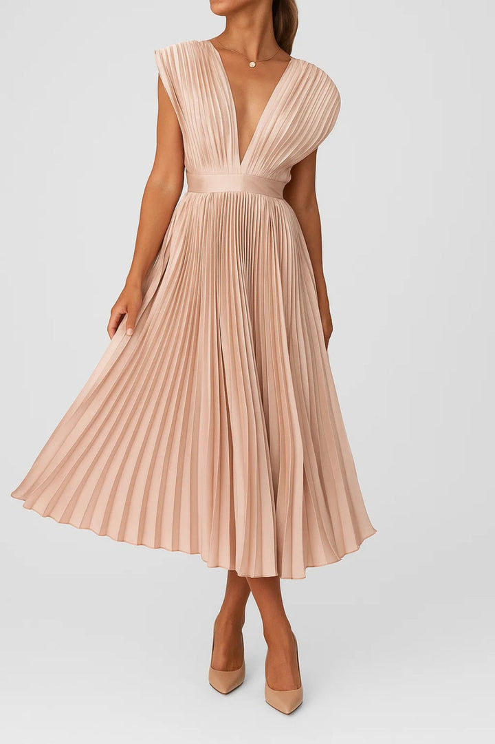 Women's Pleated Midi Dress with V-Neck and Cap Sleeves