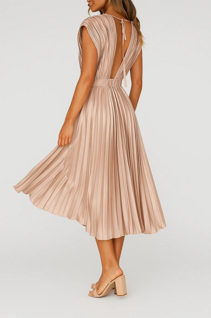 Women's Pleated Midi Dress with V-Neck and Cap Sleeves