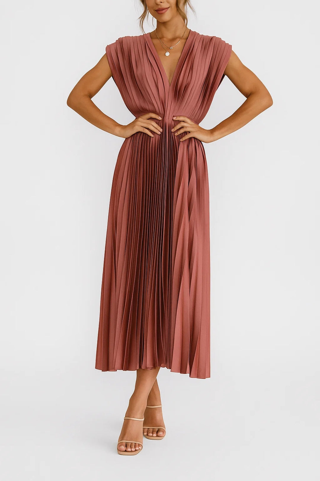 Women's Pleated Midi Dress with V-Neck and Cap Sleeves
