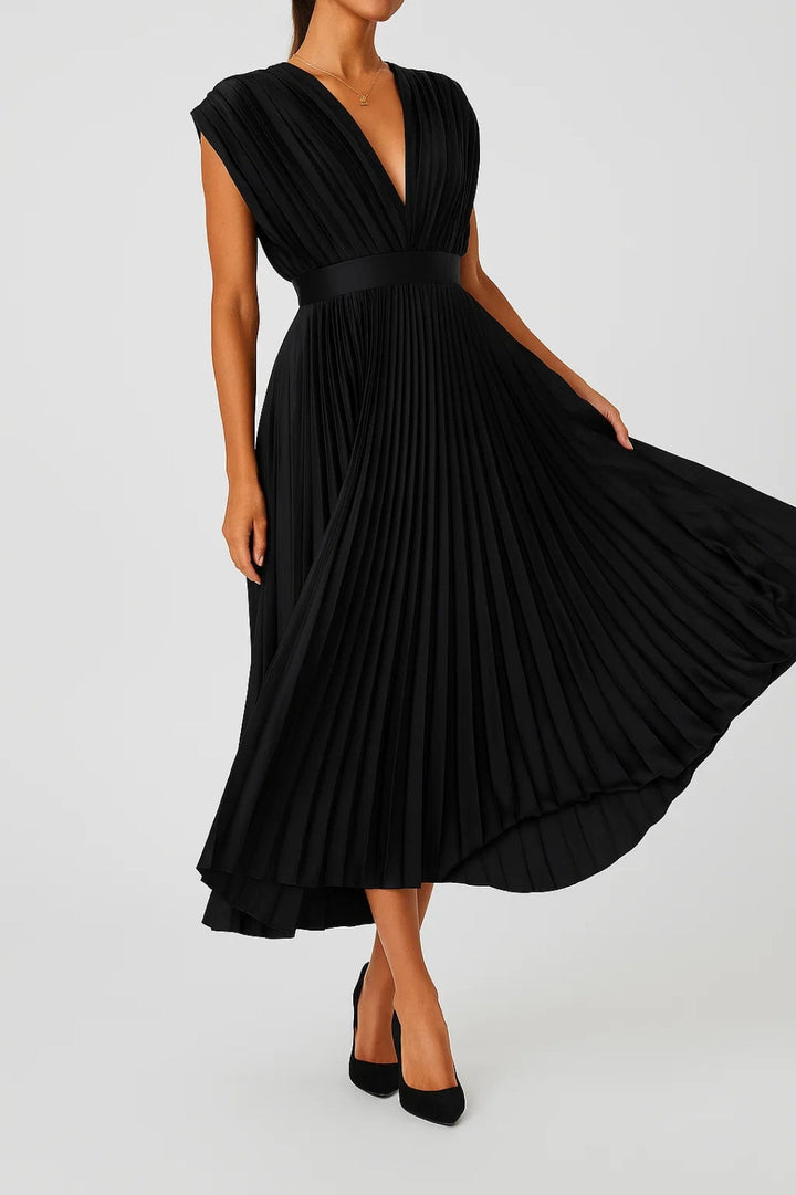 Women's Pleated Midi Dress with V-Neck and Cap Sleeves