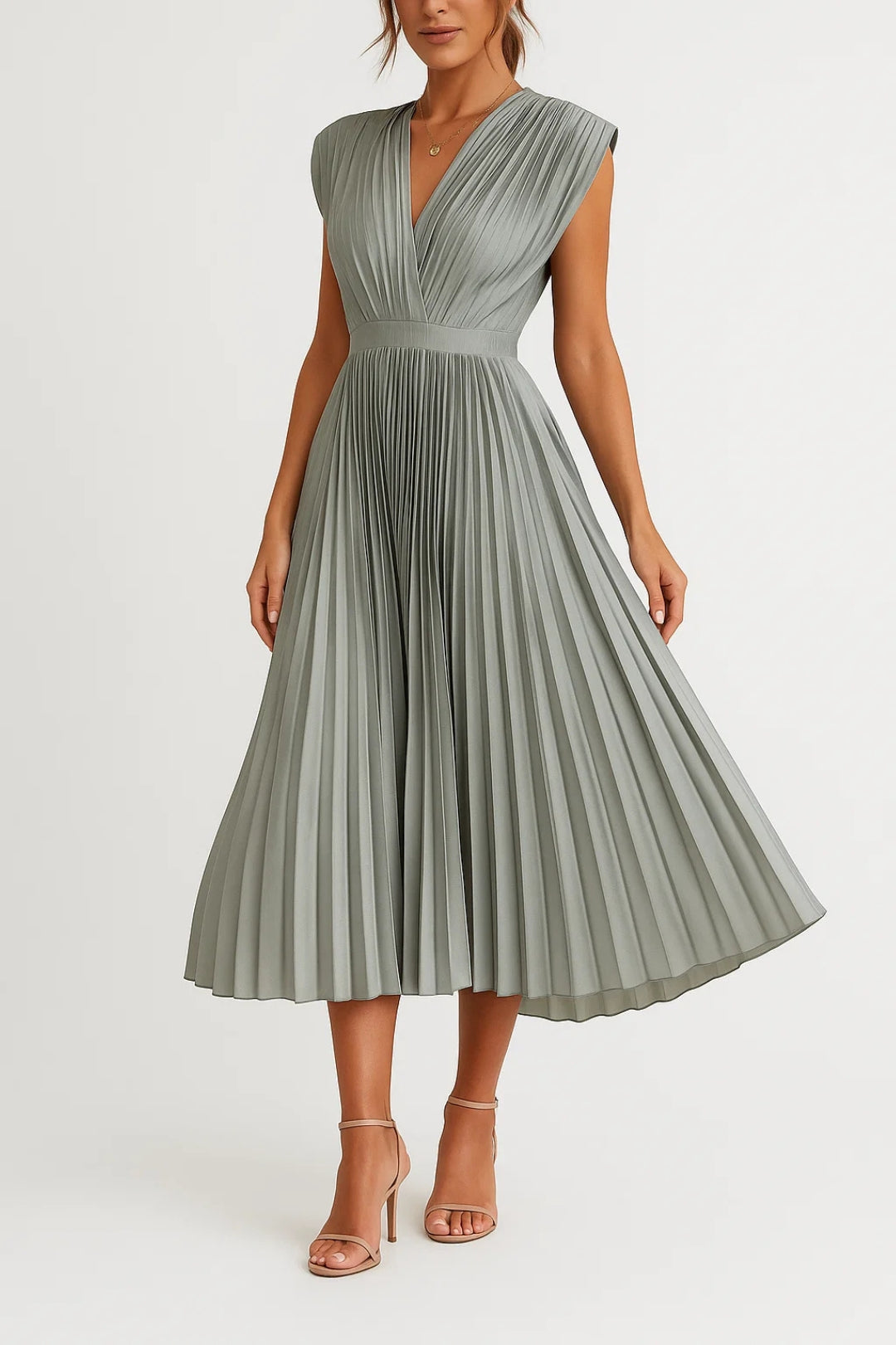 Women's Pleated Midi Dress with V-Neck and Cap Sleeves