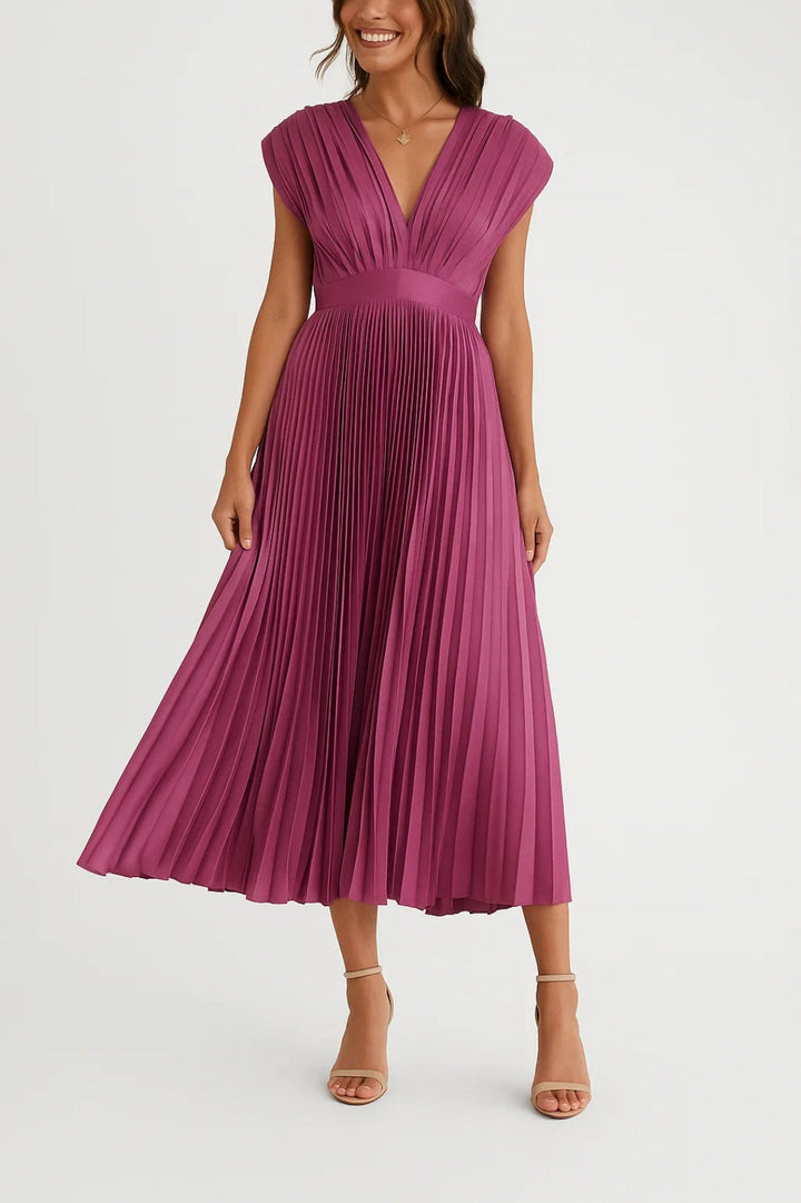 Women's Pleated Midi Dress with V-Neck and Cap Sleeves
