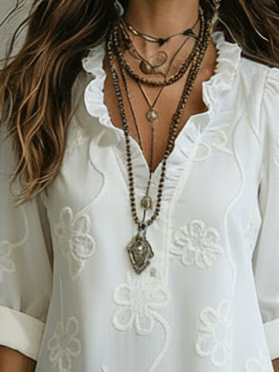 Women's Floral Embroidery Maxi Dress with Ruffled Neckline