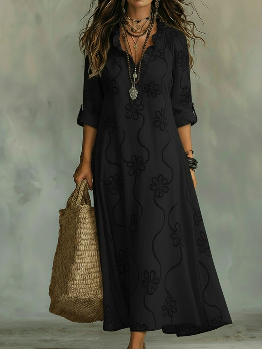 Women's Floral Embroidery Maxi Dress with Ruffled Neckline
