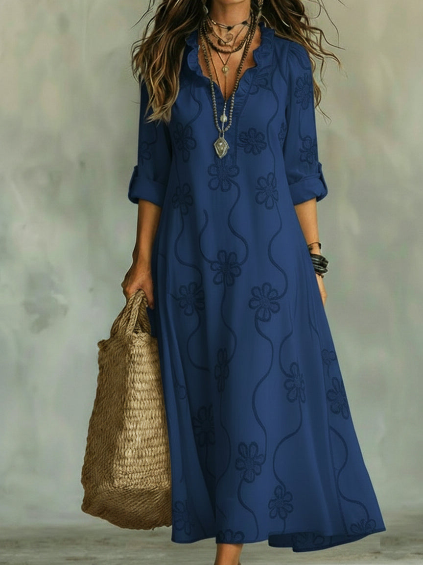 Women's Floral Embroidery Maxi Dress with Ruffled Neckline