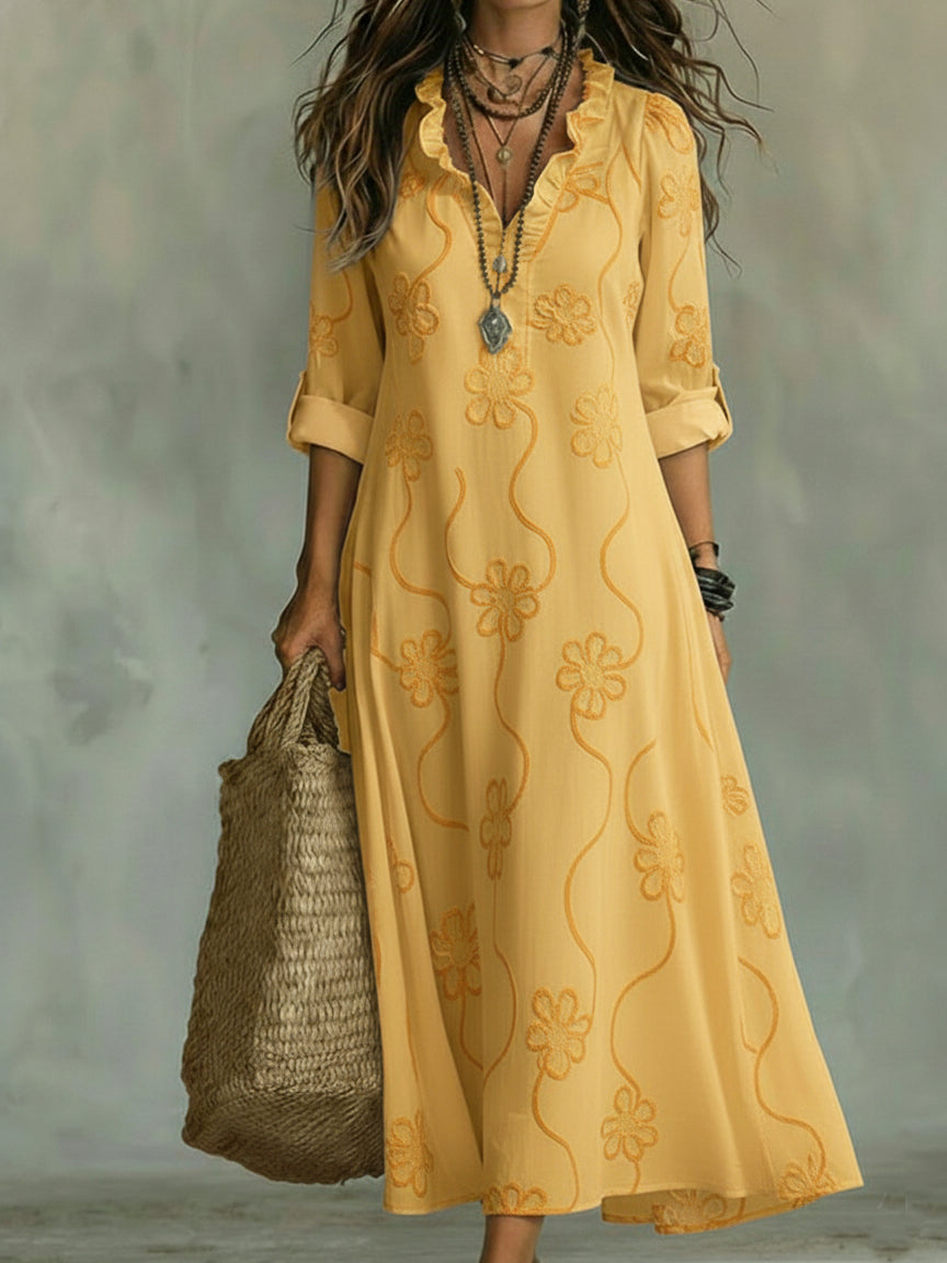 Women's Floral Embroidery Maxi Dress with Ruffled Neckline