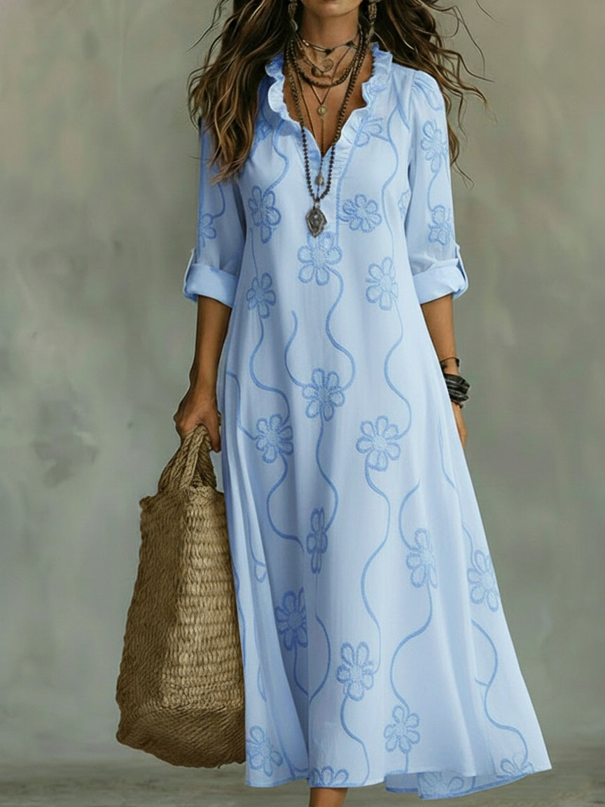 Women's Floral Embroidery Maxi Dress with Ruffled Neckline