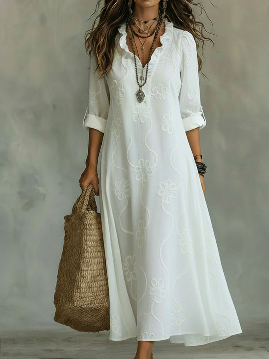 Women's Floral Embroidery Maxi Dress with Ruffled Neckline