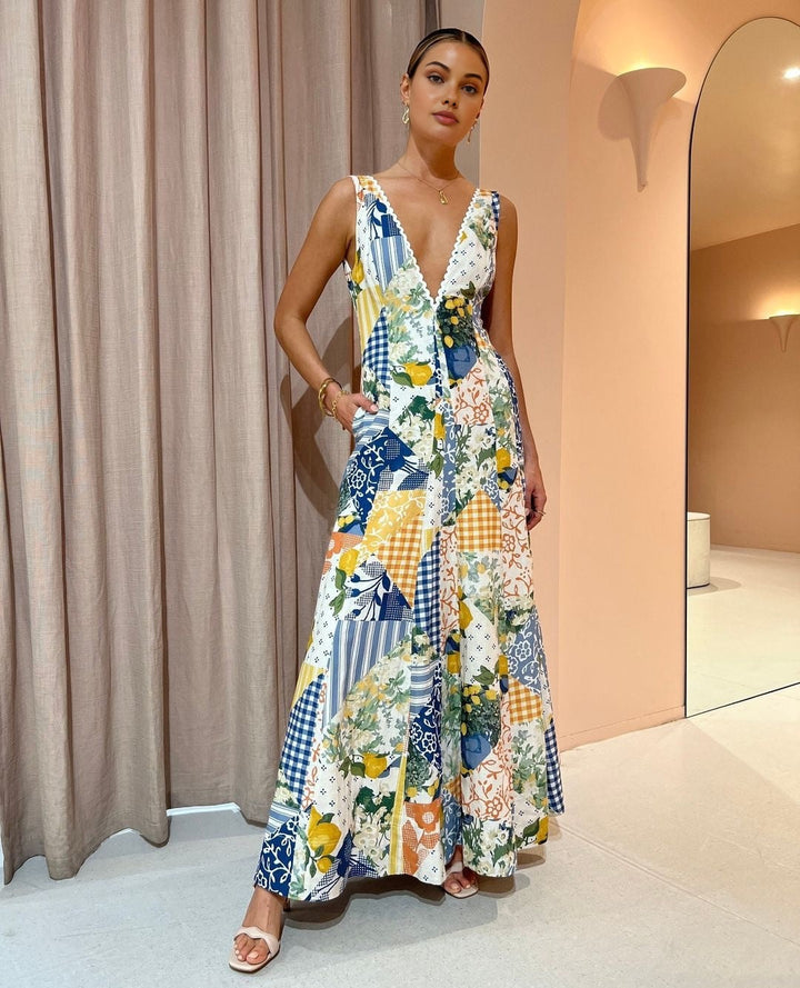 Elegant Patchwork V-Neck Maxi Dress White Bohemian Style