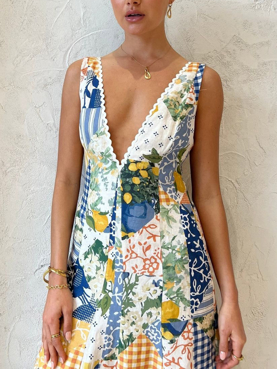 Elegant Patchwork V-Neck Maxi Dress White Bohemian Style