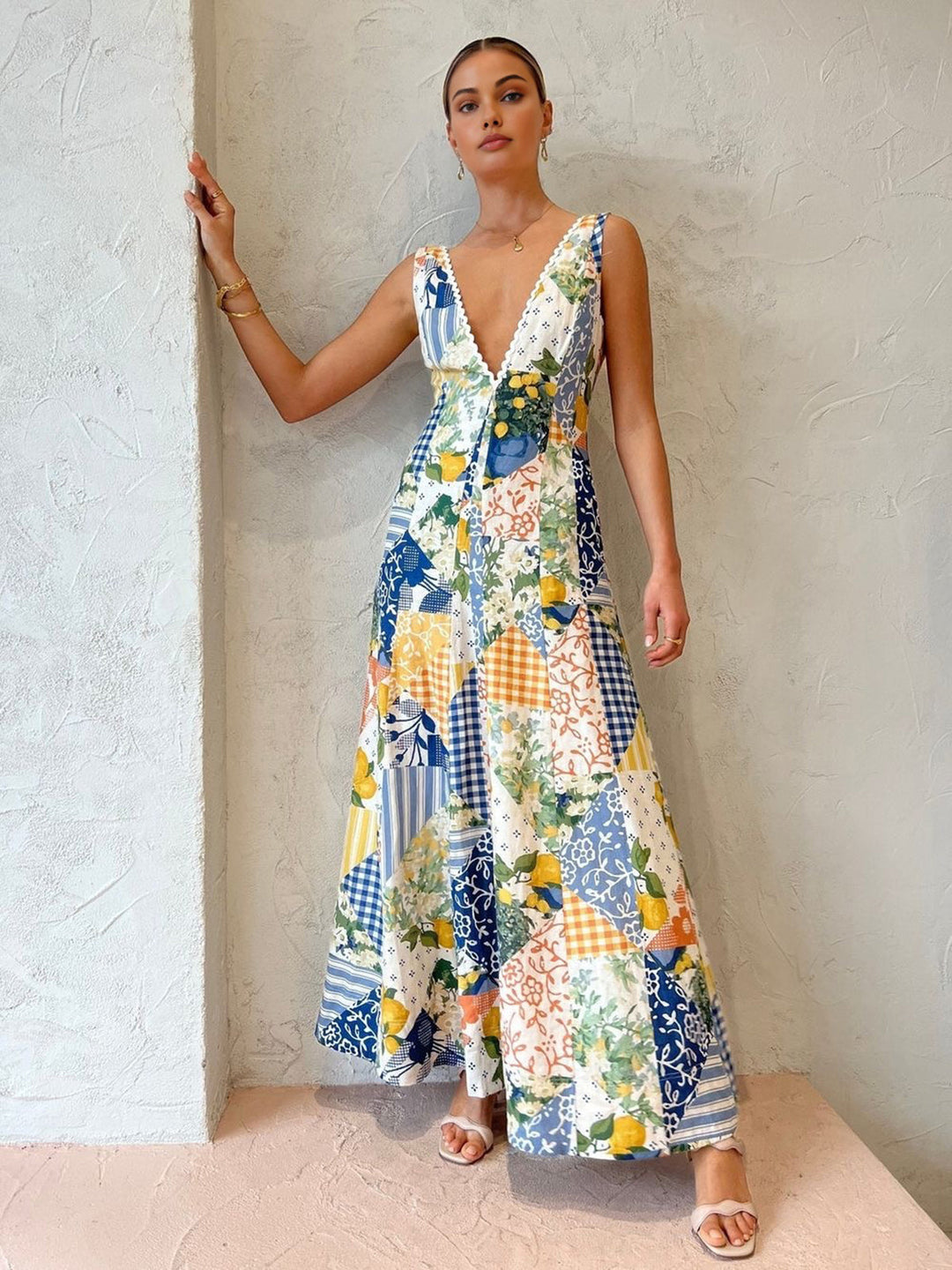 Elegant Patchwork V-Neck Maxi Dress White Bohemian Style
