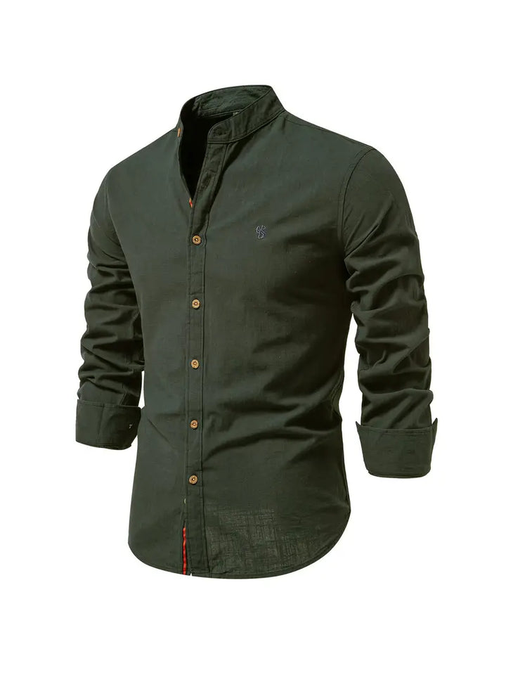 Slim-Fit Casual Long-Sleeve Mao Collar Shirt for Men