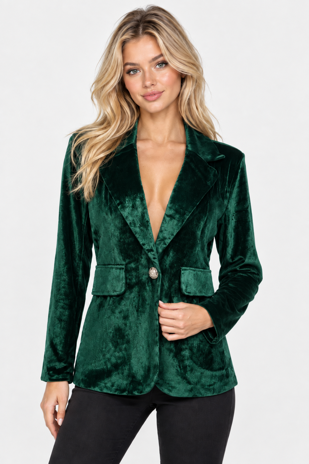 Women's Single-Breasted Velvet Blazer - Green