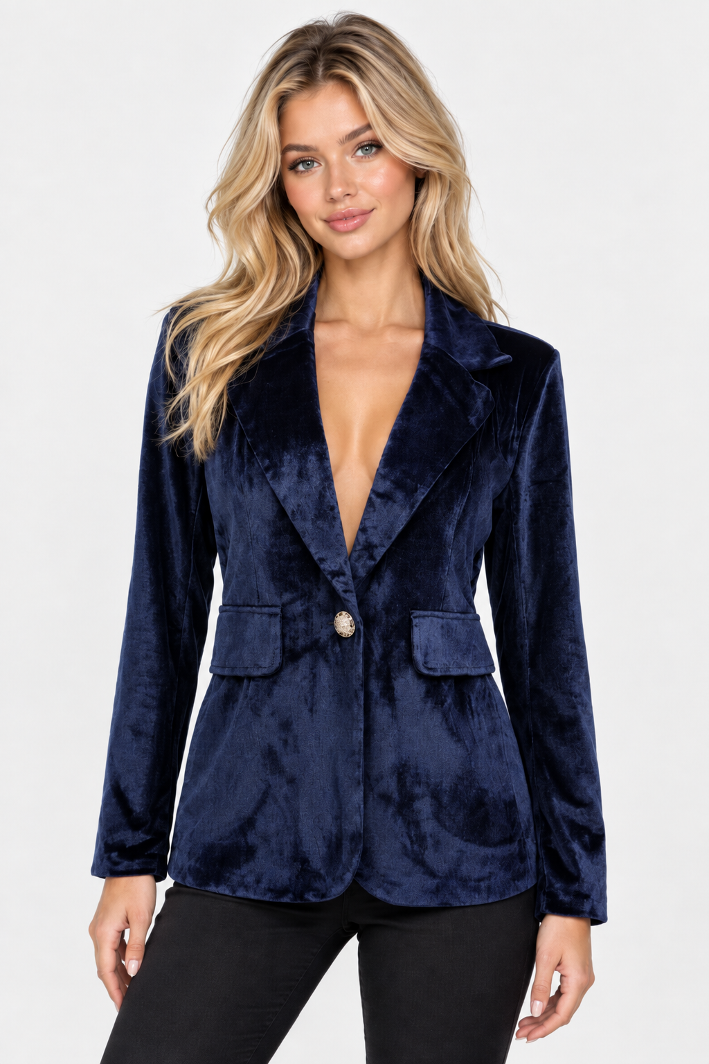 Women's Single-Breasted Velvet Blazer - Navy