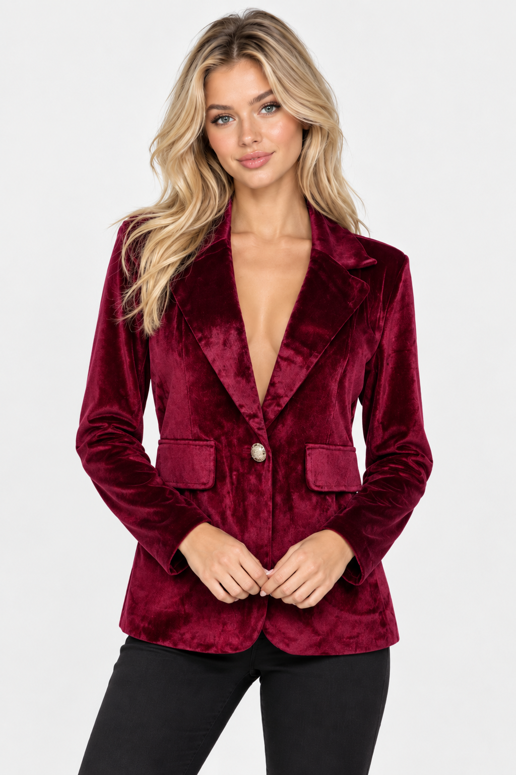 Women's Single-Breasted Velvet Blazer - Red