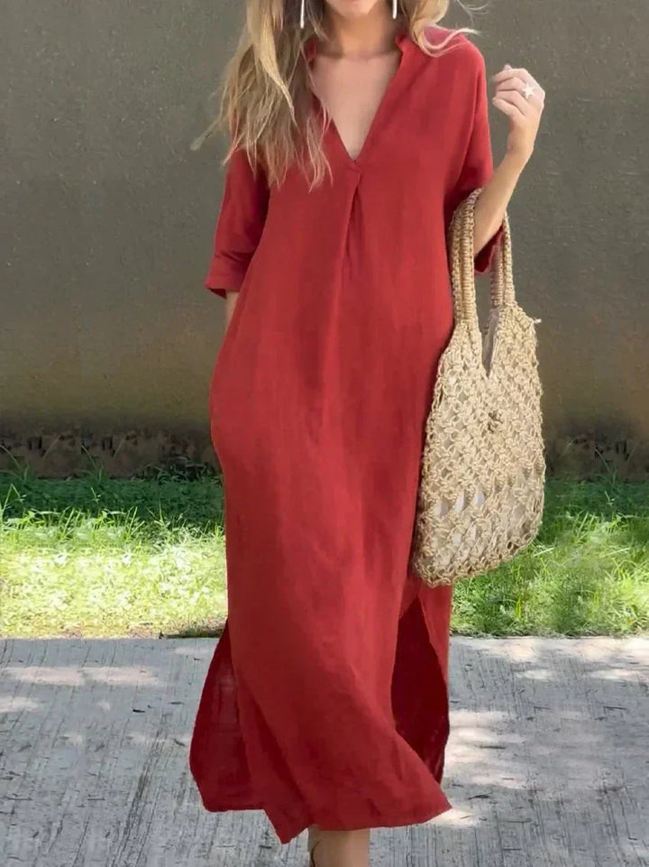 Women's Relaxed V-Neck Flowing Maxi Dress