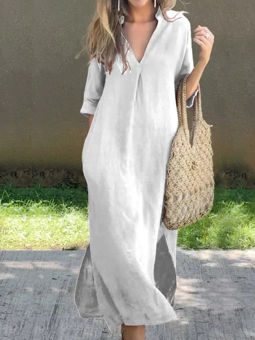 Women's Relaxed V-Neck Flowing Maxi Dress