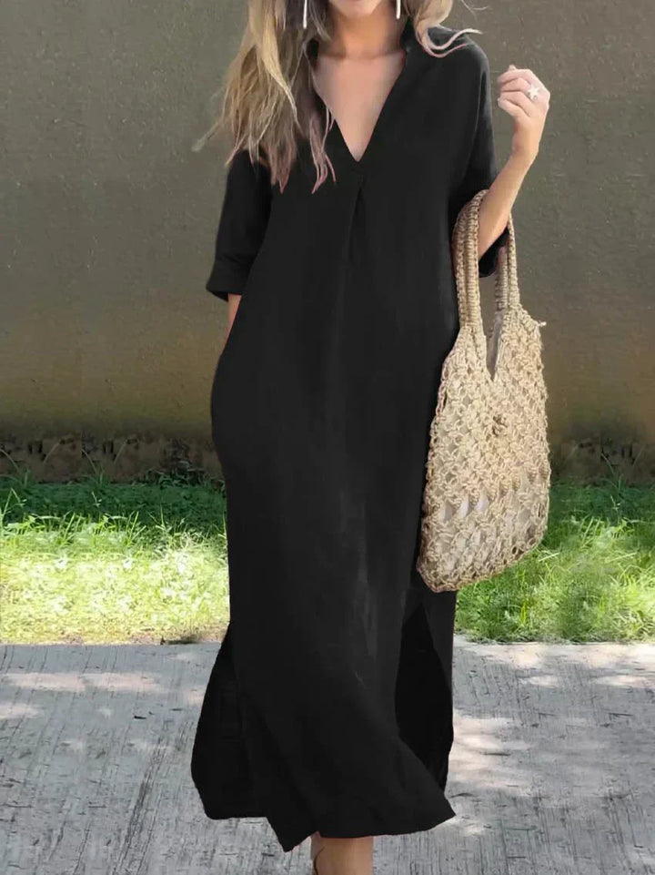 Women's Relaxed V-Neck Flowing Maxi Dress