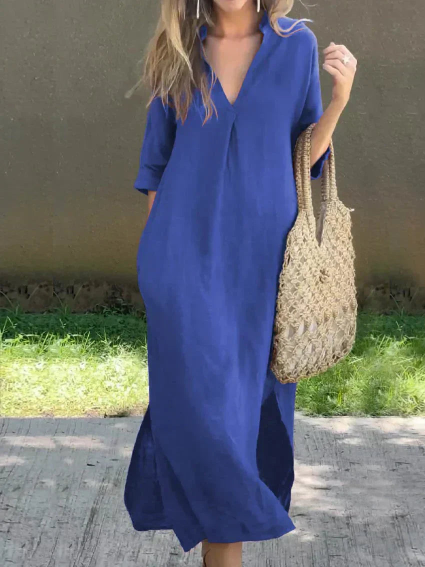 Women's Relaxed V-Neck Flowing Maxi Dress