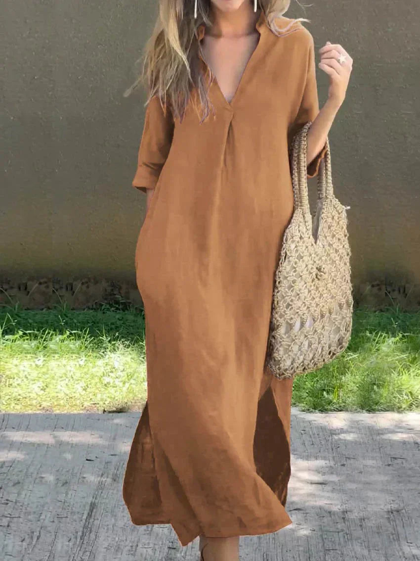 Women's Relaxed V-Neck Flowing Maxi Dress