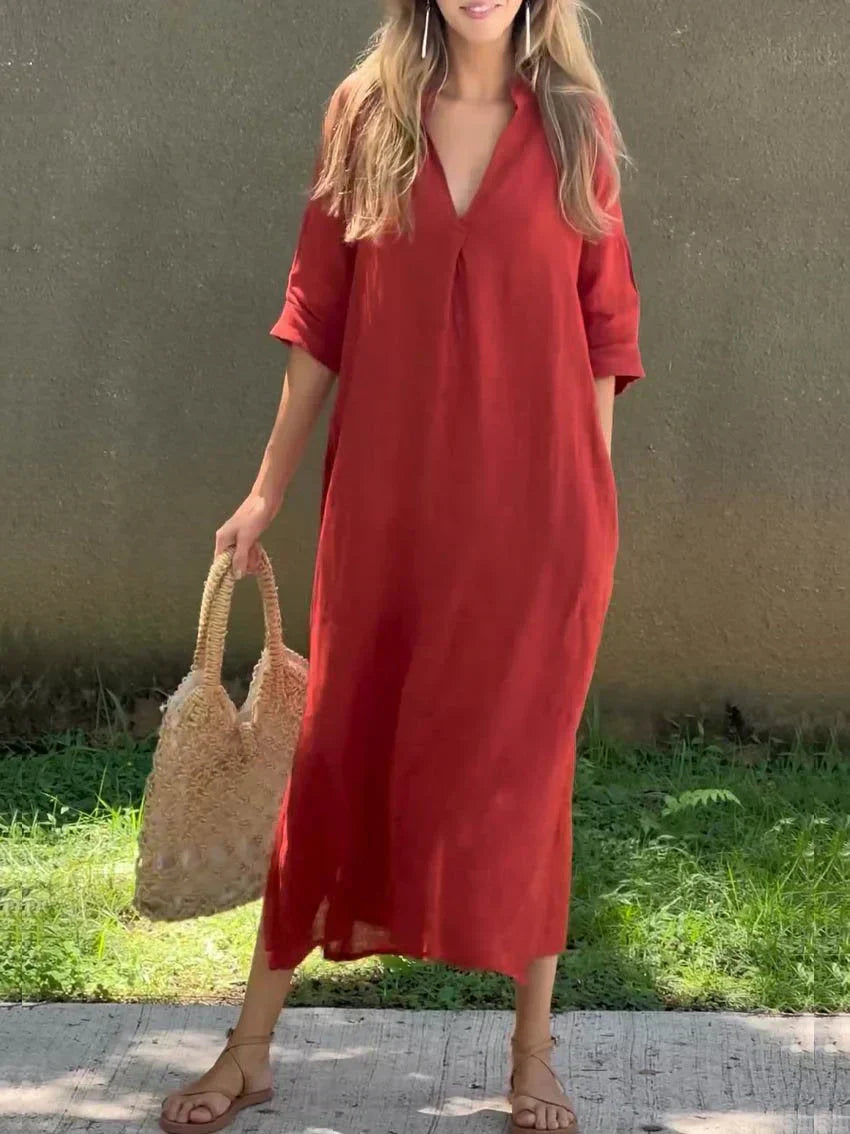 Women's Relaxed V-Neck Flowing Maxi Dress