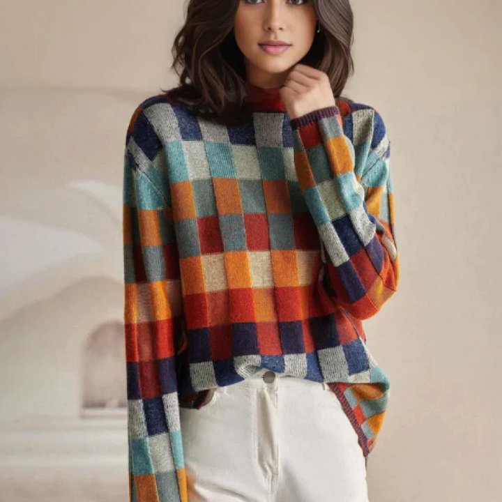 Women's Cashmere Checked Sweater Relaxed Fit - Orange