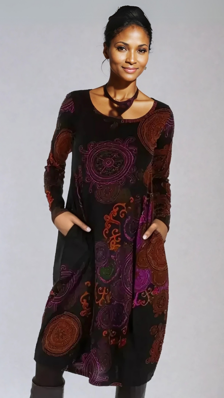 Long Sleeve Bohemian Midi Dress Unique Print