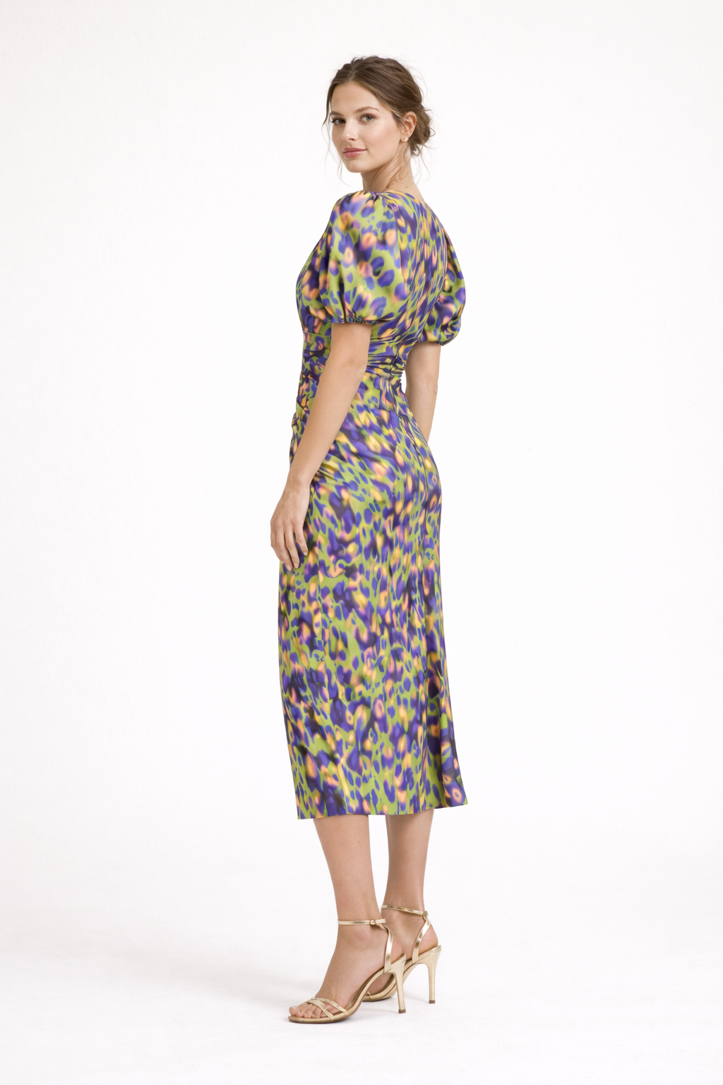 Women's Printed Midi Dress with Puff Sleeves and V-Neck