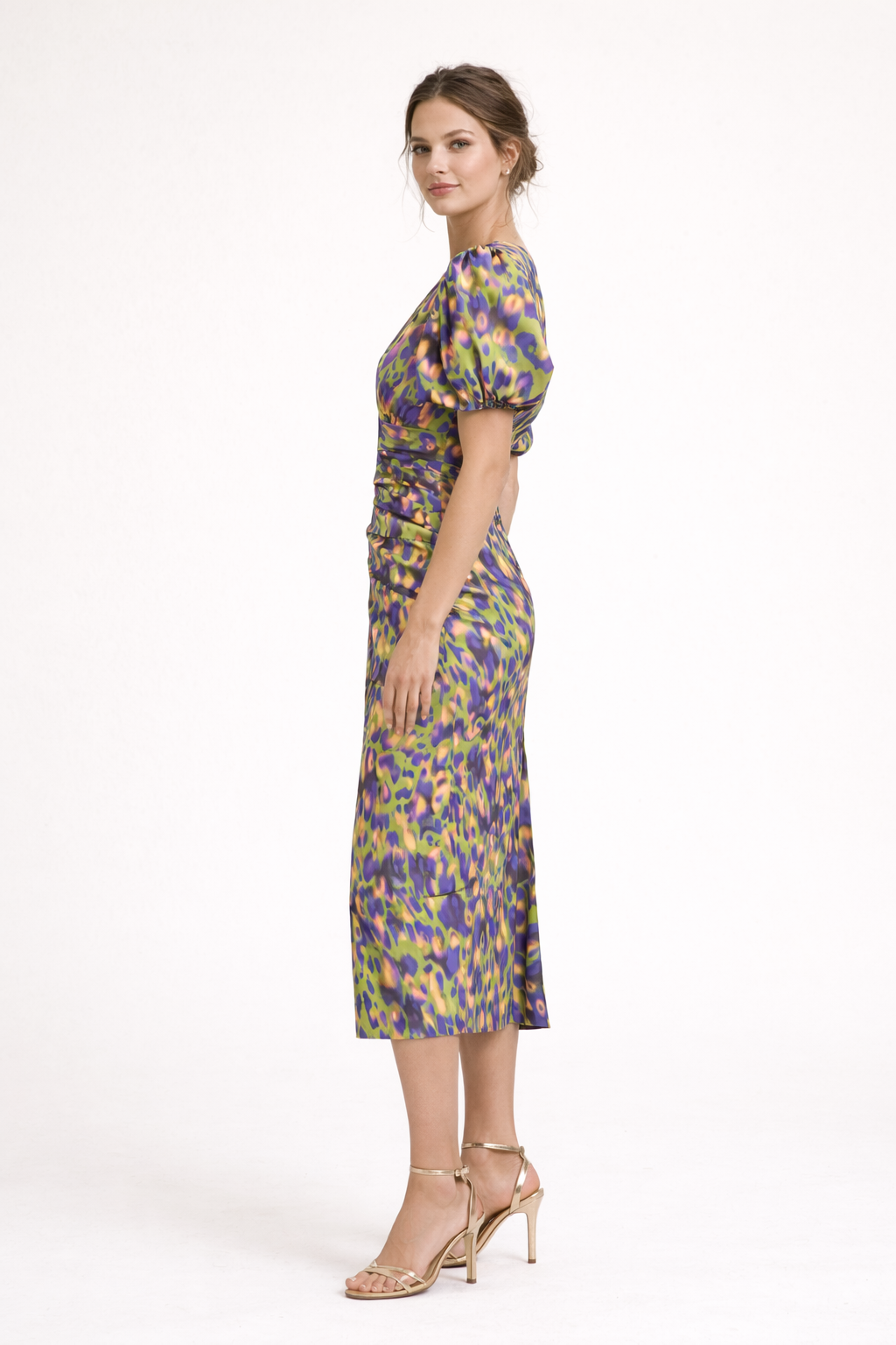 Women's Printed Midi Dress with Puff Sleeves and V-Neck