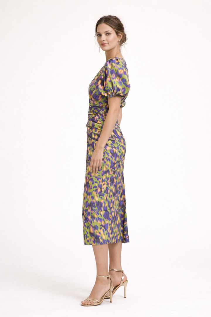 Women's Printed Midi Dress with Puff Sleeves and V-Neck