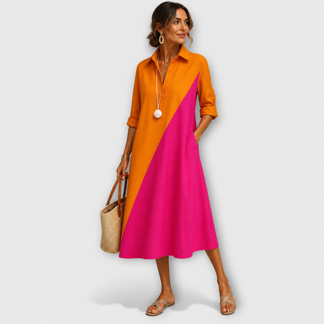 Women’s Color Block Long Sleeve A-Line Midi Dress