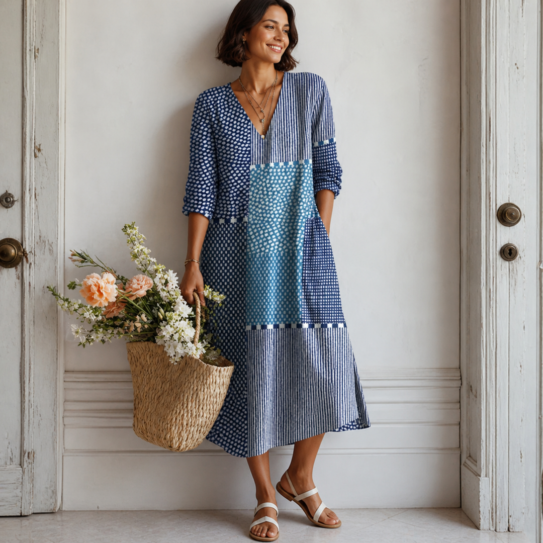 Women’s Bohemian V-Neck Long Sleeve Patchwork Midi Dress