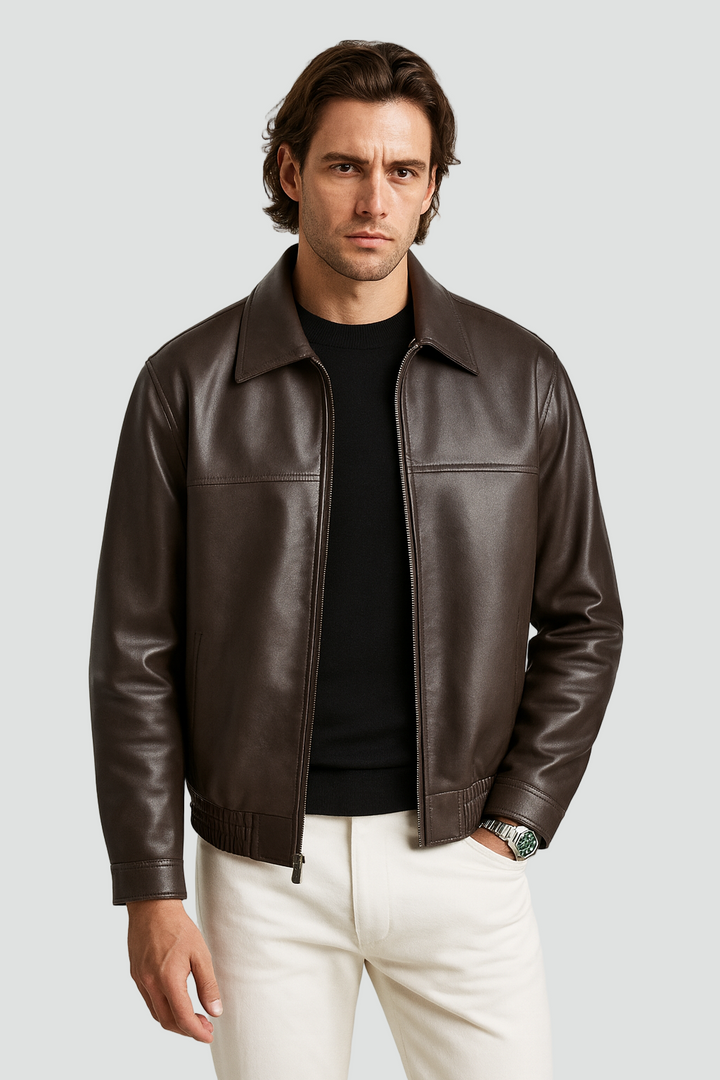 Men's Leather Look Bomber Jacket with Relaxed Fit and Zip Front